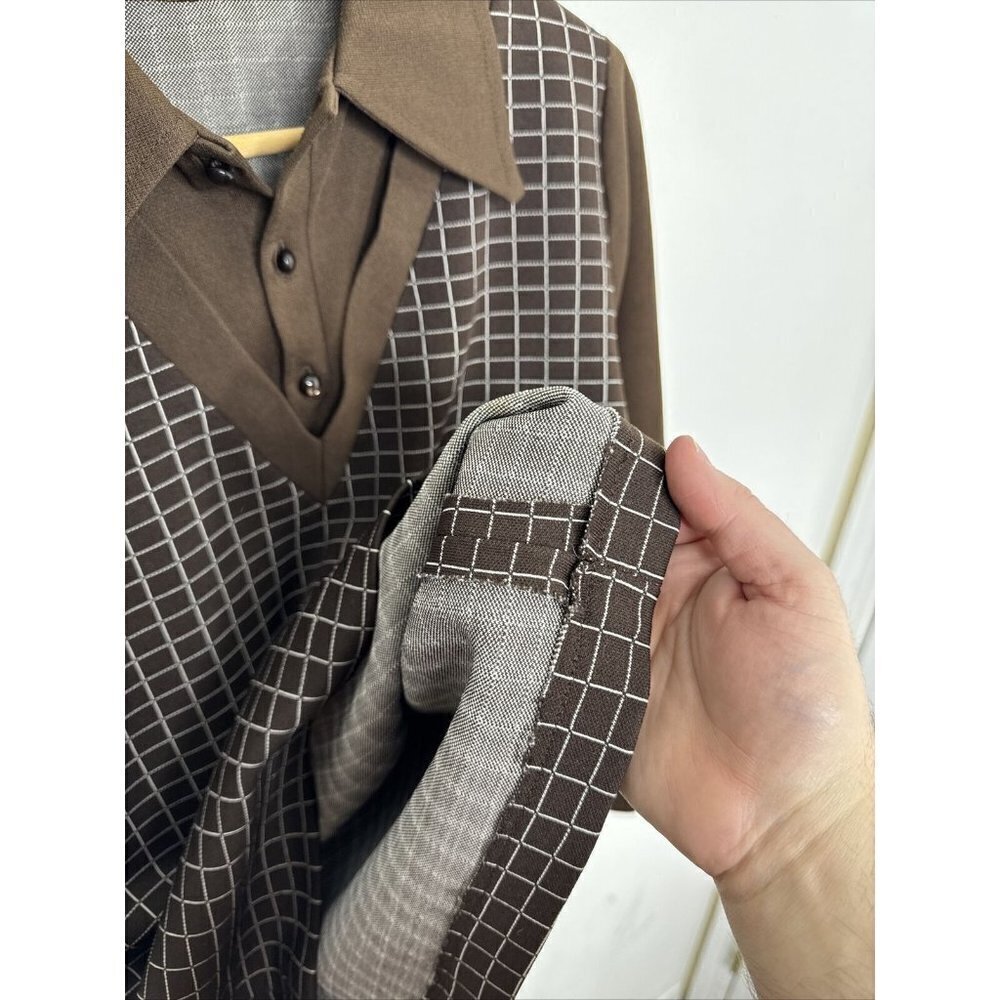 Vintage 60s 70s Hand Tailored Shirt‎ Woman L Polyester Disco Mod Brown - Picture 5 of 8